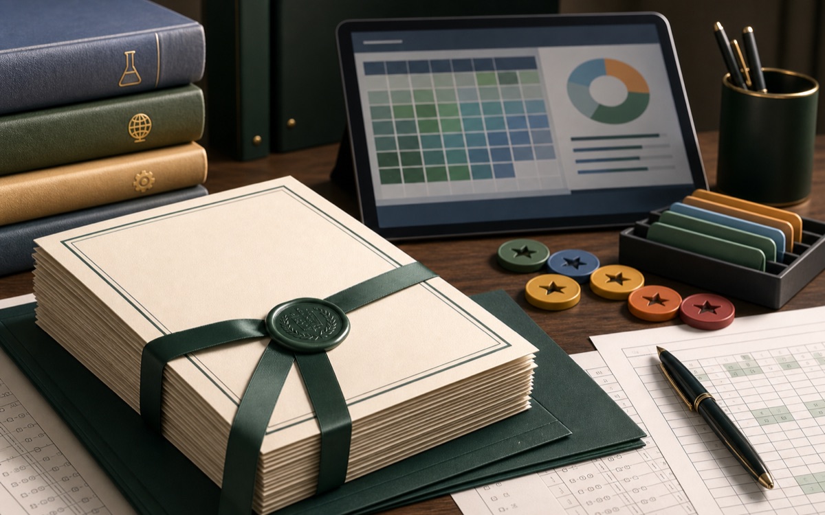 A report card, grading ruler, pencil, and marks grid on a school desk