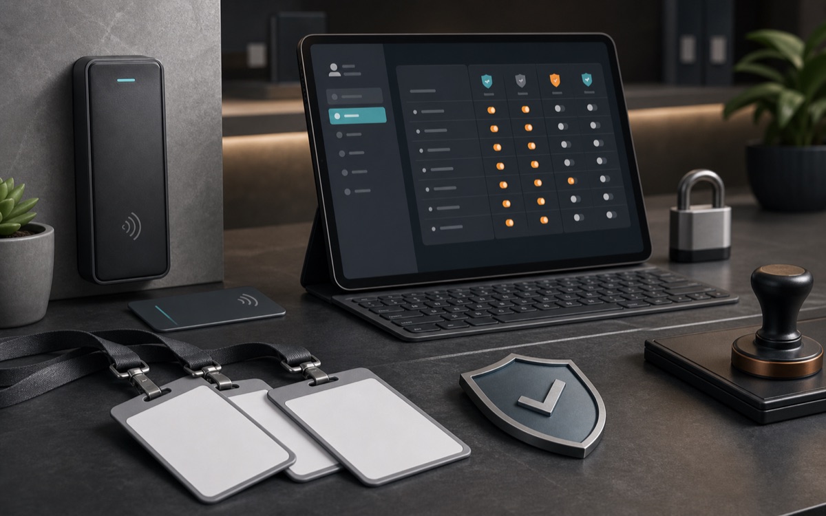 A set of access keys beside role badges and an audit notebook