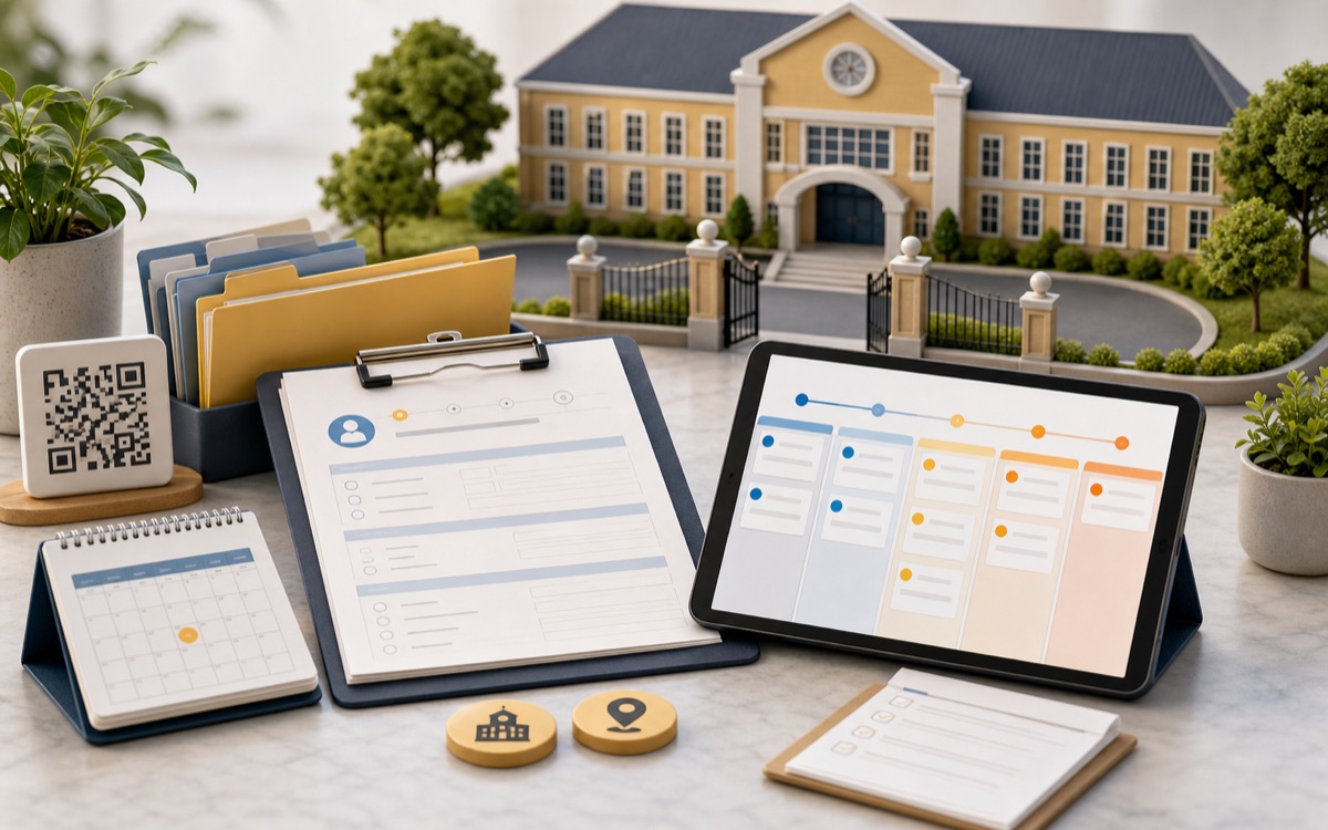 An admissions desk arranged with an application folder, numbered forms, and a school badge