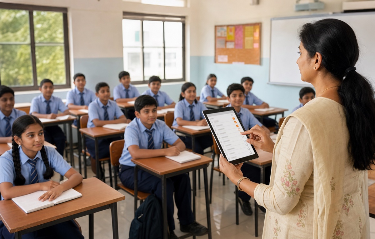 A classroom attendance register, clock, and marked roster sheet