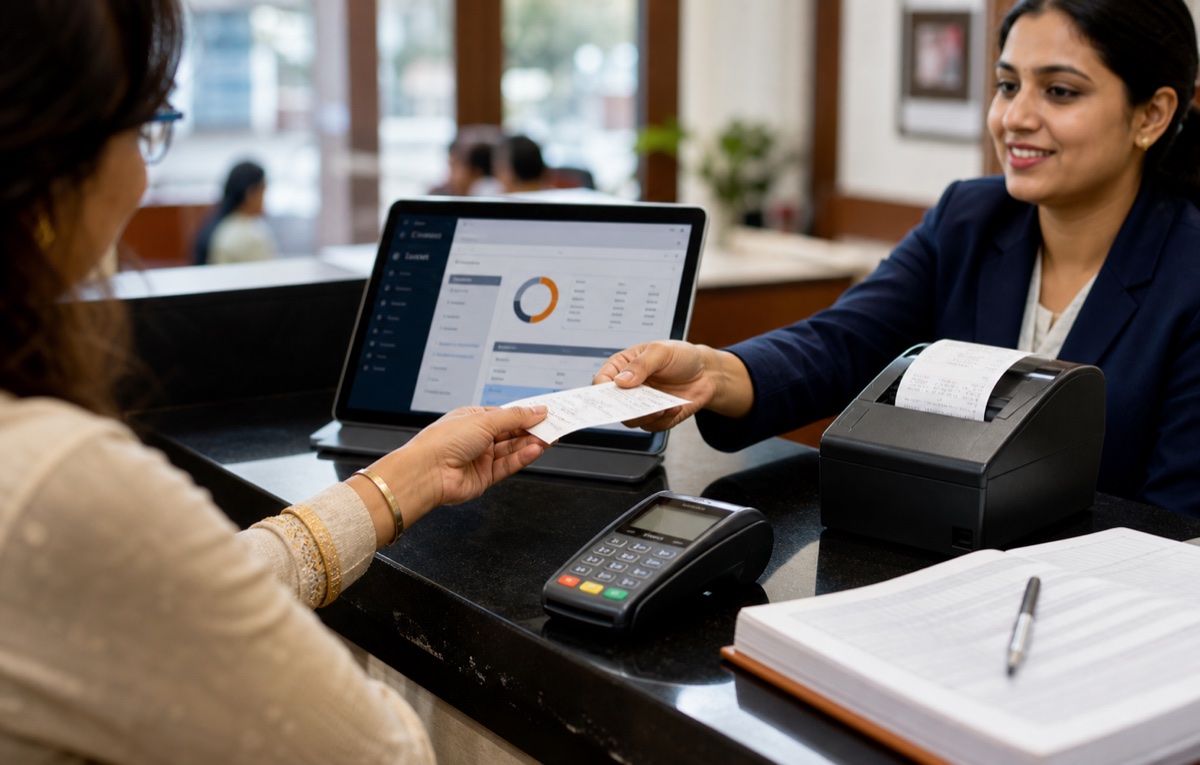 Fee receipts, a calculator, coins, and a school finance ledger