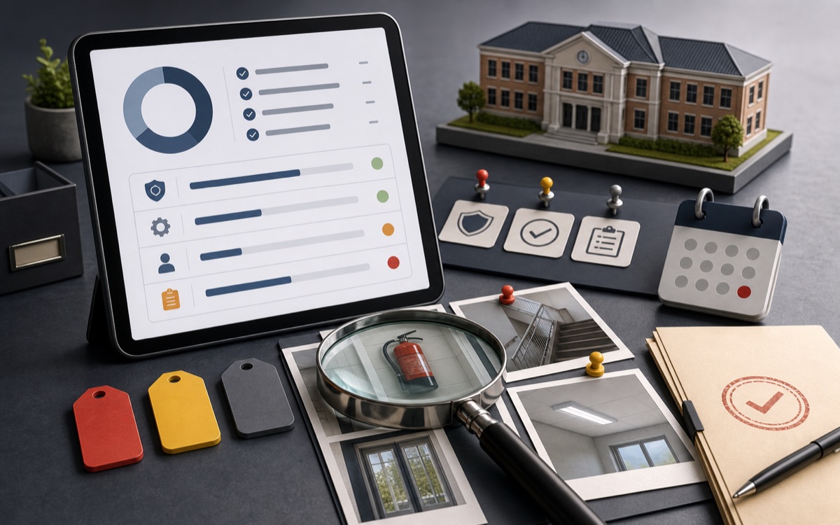 An inspection clipboard, evidence folders, checklist, and due-date stamps
