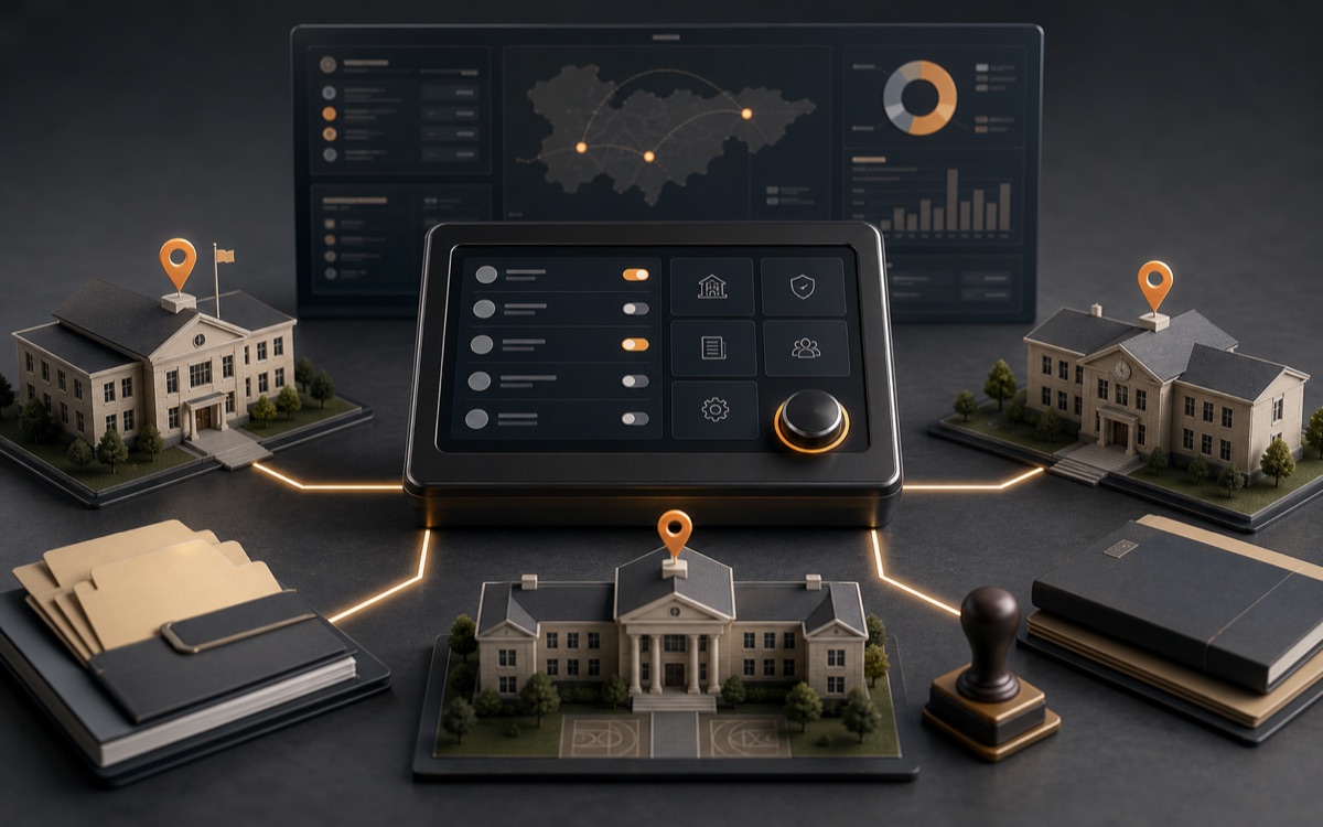 A campus model, configuration notebook, and connected workspace cards